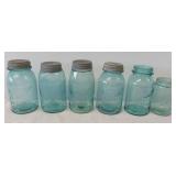 (6) Antique blue Ball jars. (4) Have zinc lids.