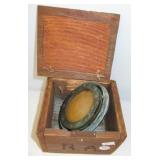 Antique compass in wood box. Box measures 4" h x