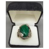 Sterling silver eagle ring with large green