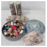Tin and case full of thread and (2) Jars of