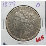 1879-O AU Morgan silver dollar.