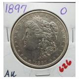 1897-O AU Morgan silver dollar. Key date.