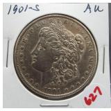 1901-S AU Morgan silver dollar. Key date.