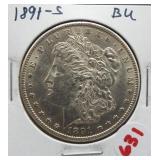 1891-S BU Morgan silver dollar. Better date.