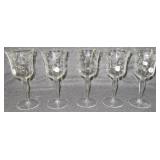 (5) Vintage crystal etched stemmed glasses.