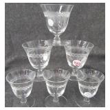 (6) Vintage crystal etched stemmed glasses.
