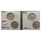 (4) AU Mercury dimes: 1938, 1943, 1944-S, 1945-D.