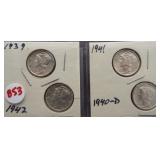 (4) AU Mercury dimes: 1939, 1941, 1942, 1940-D.