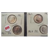(4) Silver proof Roosevelt dimes: 1955, 1961,