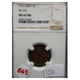 1972 DDO Lincoln cent. FS-103. NGC MS62RB.