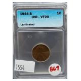 1944S Lincoln Wheat cent with obverse lamination.