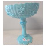 Fenton blue stemmed candy dish. Measures 7.5"