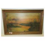 Framed oil on board New York landscape with river