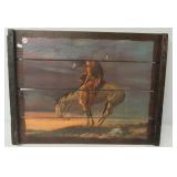 Slatted wood wall décor piece featuring Indian on