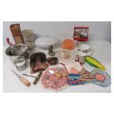Vintage kitchen items including salt and pepper,