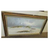 Large framed oil on canvas beach painting.