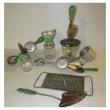 (9) Vintage kitchen items with green handles