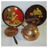 Copper items including tea kettle, butler and (2)