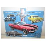 Metal "Ford Mustang" sign. Measures 13" x 16".
