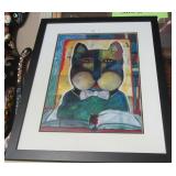 Framed and double matted cat print signed Ziv.