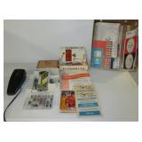 Box full of vintage sewing materials including