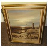 Framed oil on canvas seascape light house