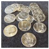 (20) 1964 BU GEM uncirculated Kennedy halves. 90%
