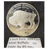 3" Pure .999 fine silver Giant Buffalo Proof.