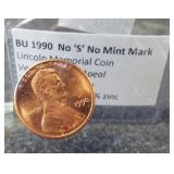 BU 1990 (No "S mark) Lincoln Memorial coin. 2.5