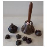 Vintage bell and (6) Vintage sleigh bells.