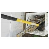 Sledge hammer, level and various other hammers.