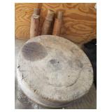 Round primitive butcher block table with three