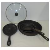 (4) Cast iron skillets including 8.5", 6.5", 12"