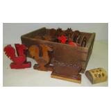(11) Wood rooster napkin holders and wood crate.