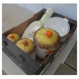 (3) Mushroom canisters (One cracked lid), pie
