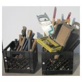 (2) Plastic milk crates containing hand saw,