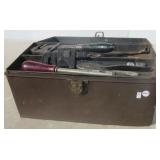 Heavy metal toolbox containing (3) Pipe wrenches,