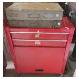 Two drawer metal toolbox on castors and (2) Nail