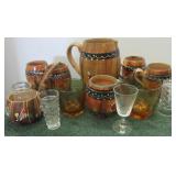 Box of barrel design pottery including mugs,