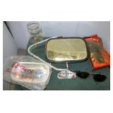 Car mirror, glue gun with glue, glass jars, etc.