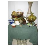 Glassware items including amber glass candy dish,