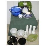 Glass lot including blue glass mixing bowls, milk