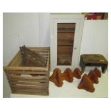(5) Vintage wood items including primitive stool,