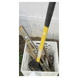 Sledge hammer, level and various other hammers.