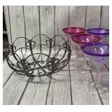 Metal Bread Basket and (4) Plastic Martini Cups