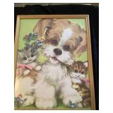 Vintage Framed Dog & Kittens Print