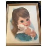 Vintage Framed Girl & Kitten Print