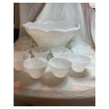 Milk Glass Punch Bowl & 12 Cups