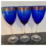 (3) Blue and Gold Wine Glasses