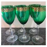 (6) Green and Gold Wine Glasses
